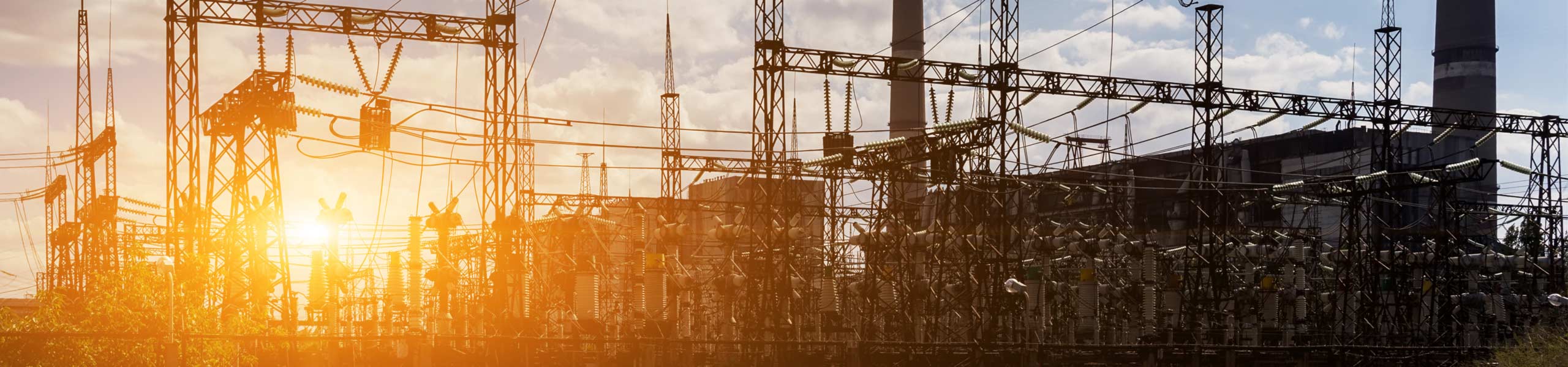 Thermal power, power lines and beautiful sunset